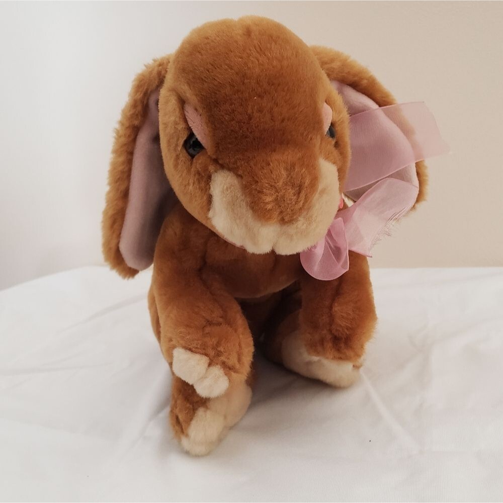Vintage Animal Alley Bunny Plush Stuffed Rabbit Pink Ribbon Rose Bow Floppy Ears